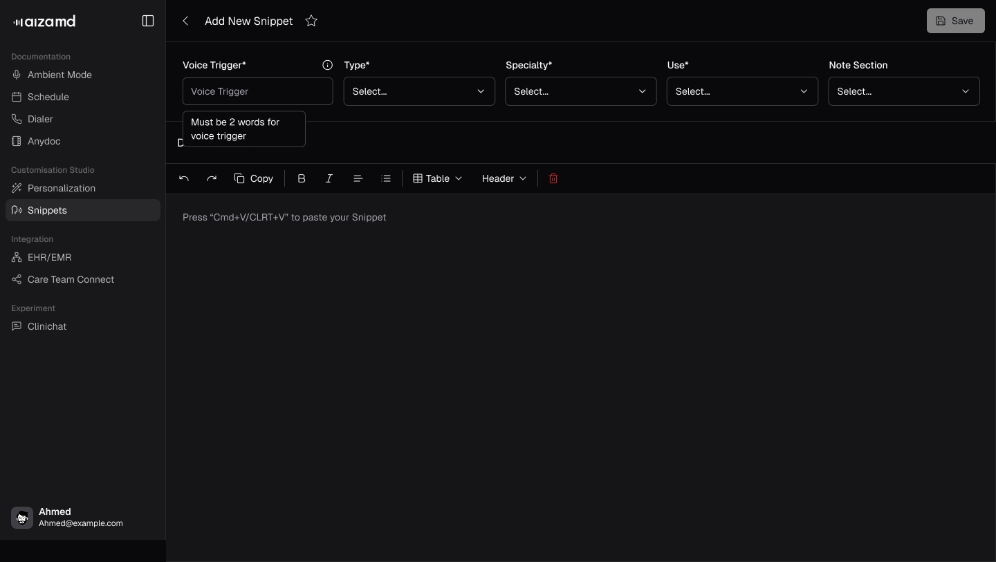 Add new snippet button