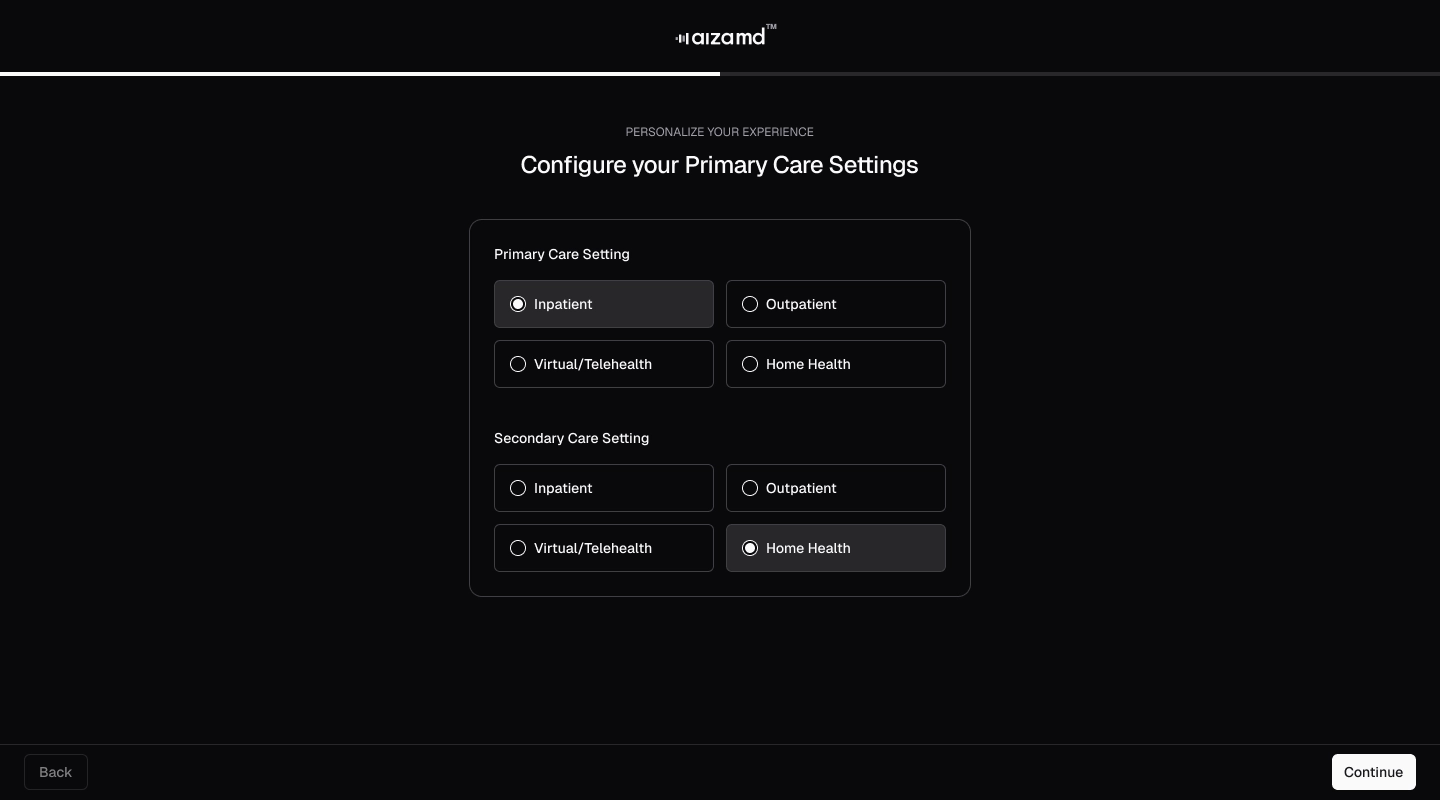 Account setup - specialty selection