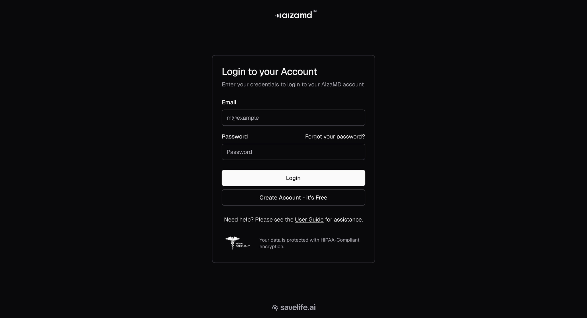 AizaMD Login screen