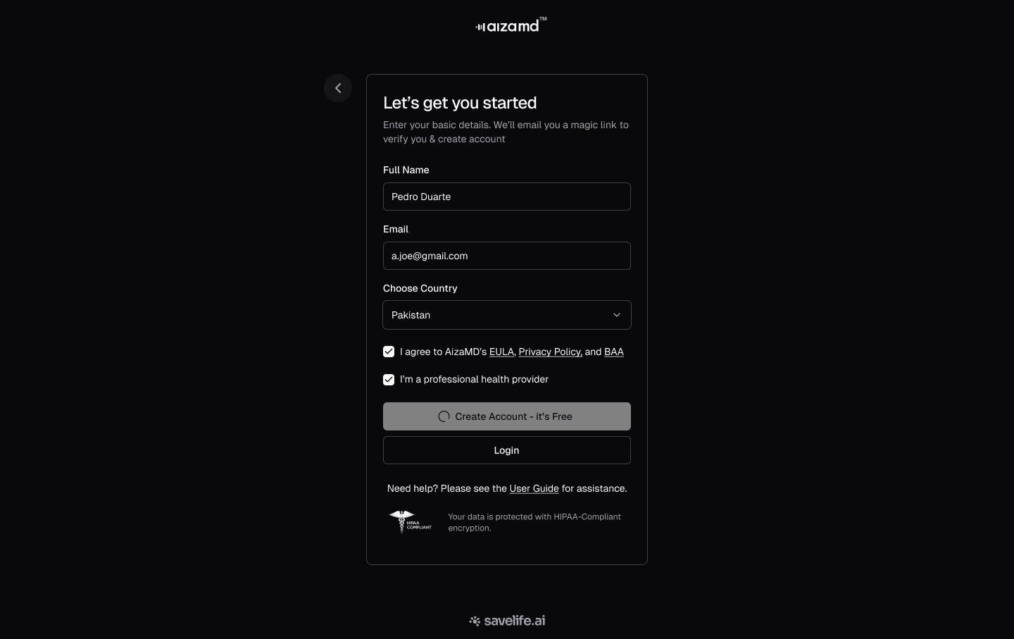 Sign up form filled