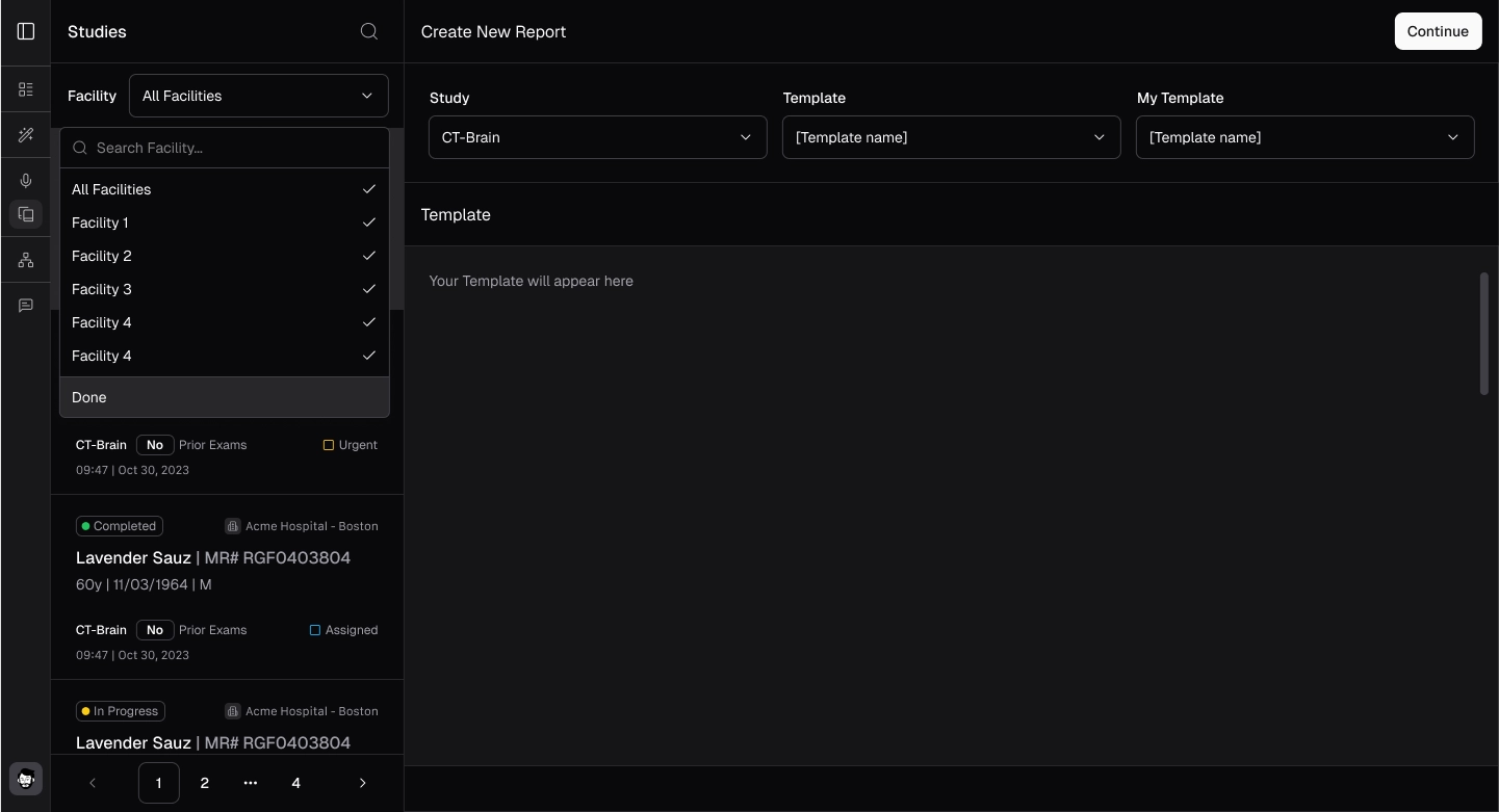 Facilities filter dropdown
