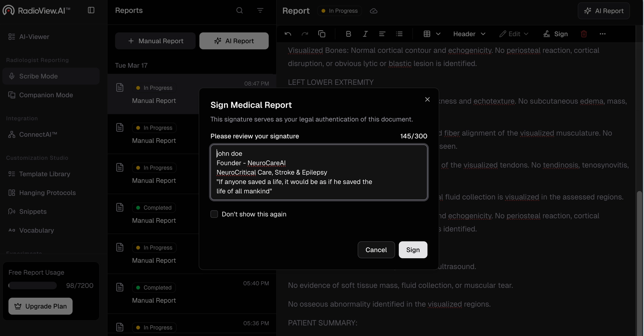 Sign report prompt