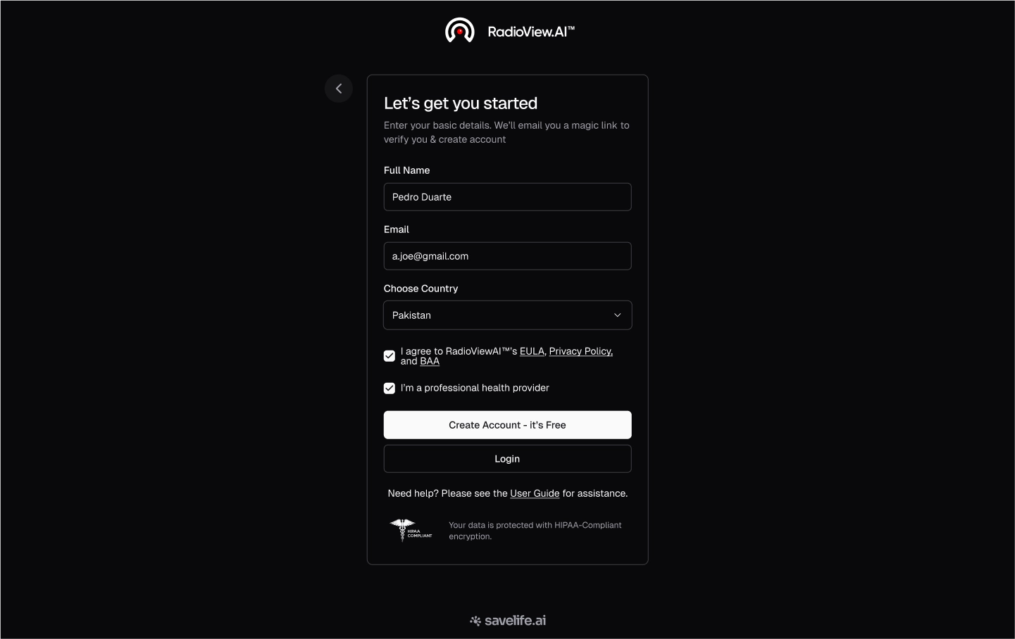 Sign up form filled